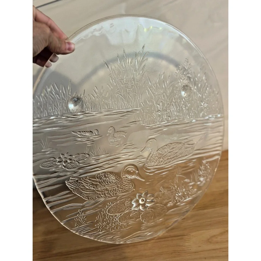 Studio Nova Walther Glas Woodland Duck Pond Scene Platter West Germany Clear